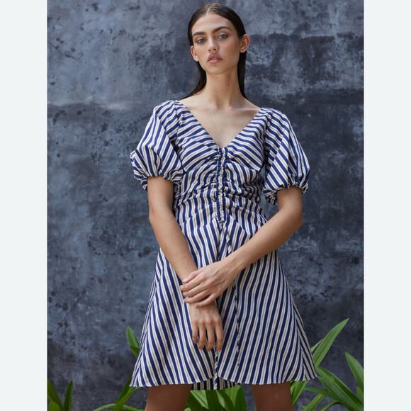 Paper London Sisi Navy Blue Striped Ruched Bodice Midi Dress UK 8 US S 4/6 - Picture 1 of 8